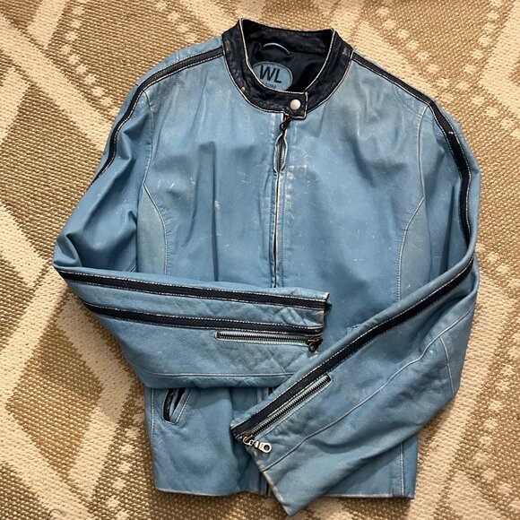 Wilson's Leather : Powder Blue Moto Jacket w/ Navy Trim - Picture 5 of 6